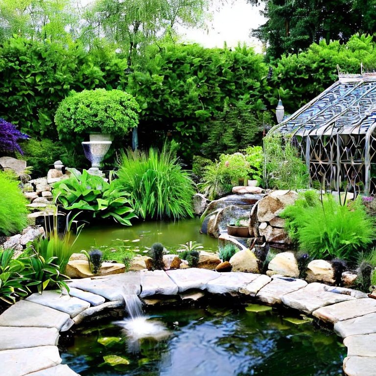 Bild på ett växthus och en trädgårdsdamm